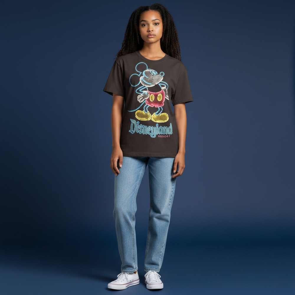 Disneyland Resort Mickey Mouse Neon Graphic T-Shirt Black Short Sleeve